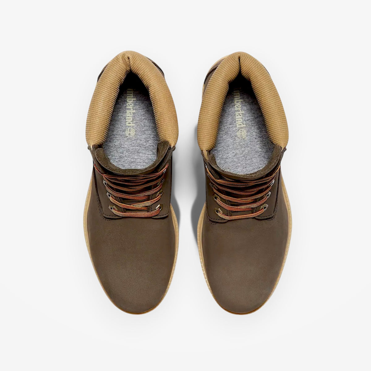 METRO Timberland dark brown waterproof 6-inch leather boots with padded collars and lace-up closure, top-down view.