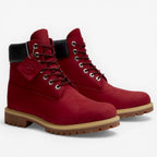 METRO Timberland 6-Inch Premium Waterproof Boots in dark red nubuck leather with black collar and lug sole.