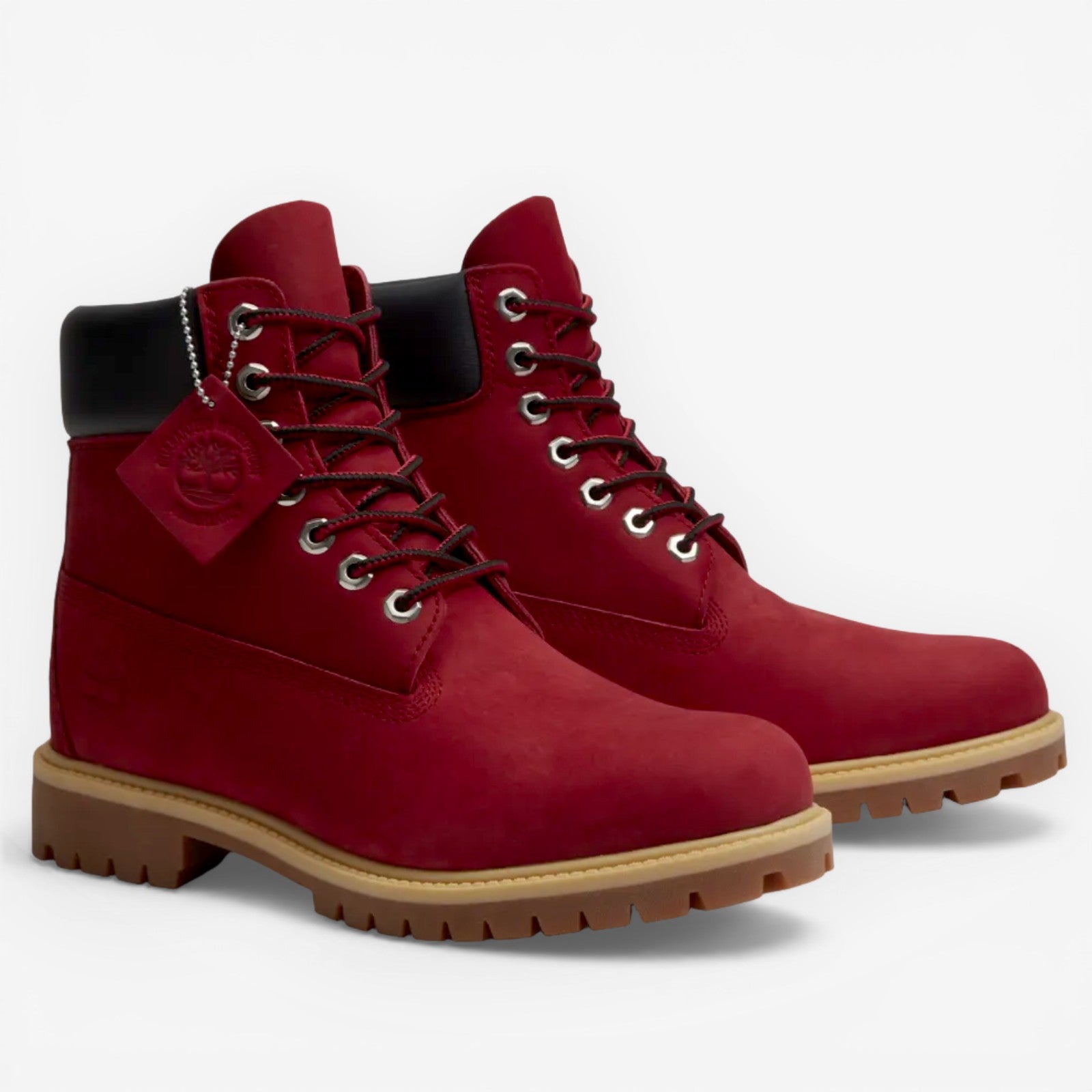 METRO Timberland 6-Inch Premium Waterproof Boots in dark red nubuck leather with black collar and lug sole.