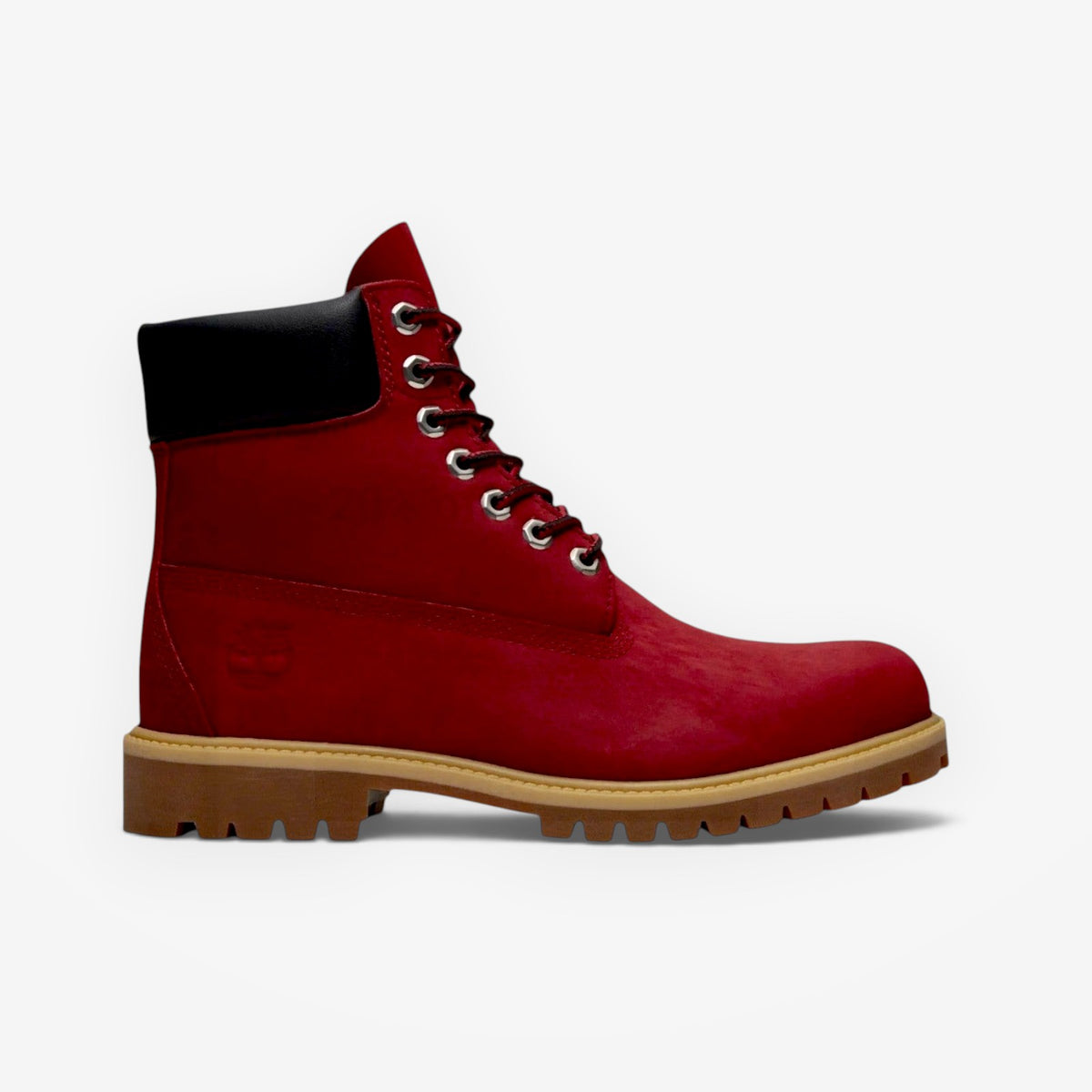 METRO Timberland 6-Inch premium waterproof boots in dark red leather with a black padded collar and rubber lug outsole.