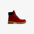 METRO Timberland 6-Inch premium waterproof boots in dark red leather with a black padded collar and rubber lug outsole.