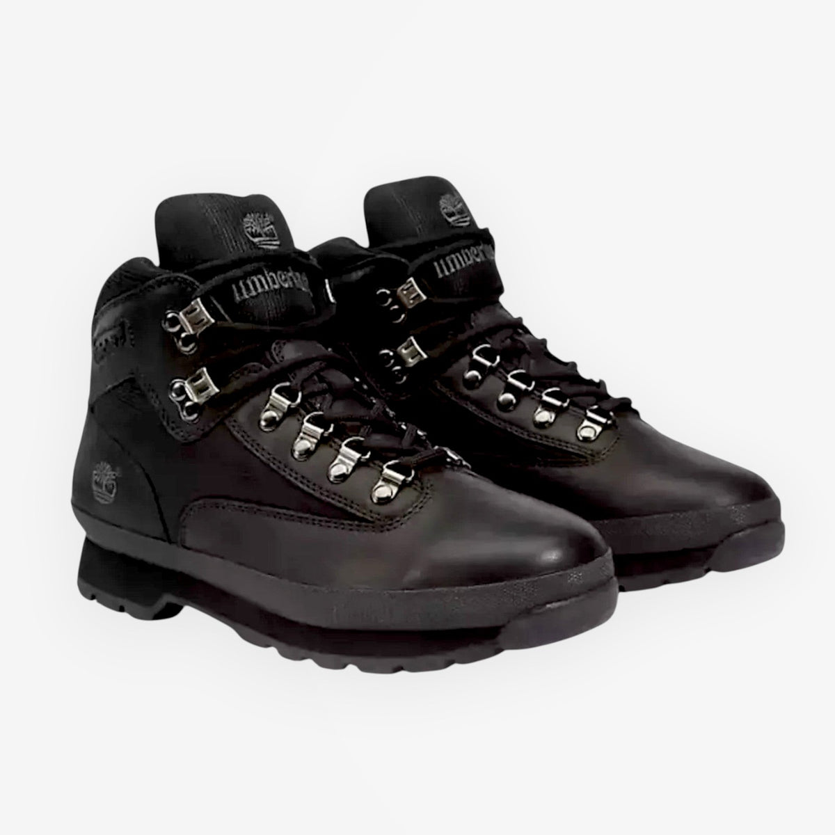 METRO Timberland Euro Hiker Mid boots in black leather with metal eyelets and a durable rubber lug outsole.