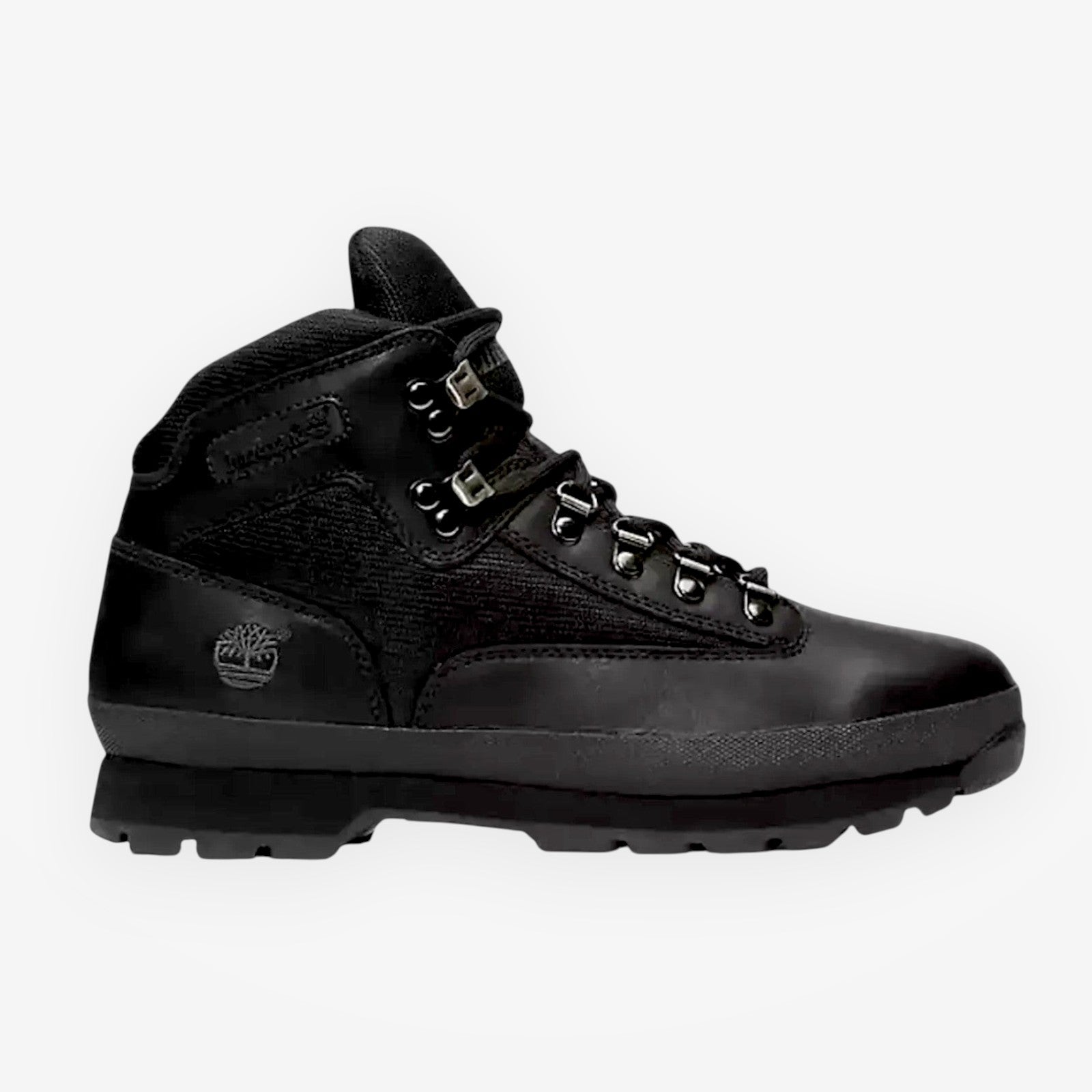 METRO Timberland Euro Hiker Mid boot in black leather with a durable rubber lug outsole and padded mesh collar.