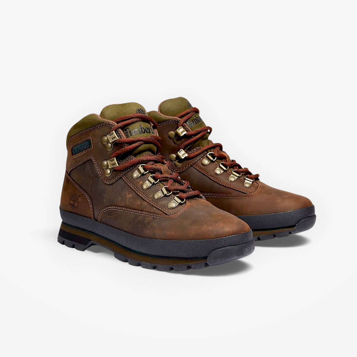 METRO Timberland Euro Hiker Mid boots in brown waterproof leather with metal eyelets and durable rubber lug outsoles.