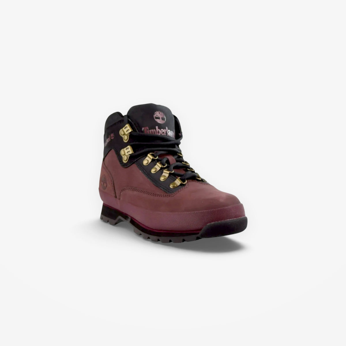 METRO Timberland Euro Hiker Mid boot in burgundy premium leather with gold hardware and a padded black collar.