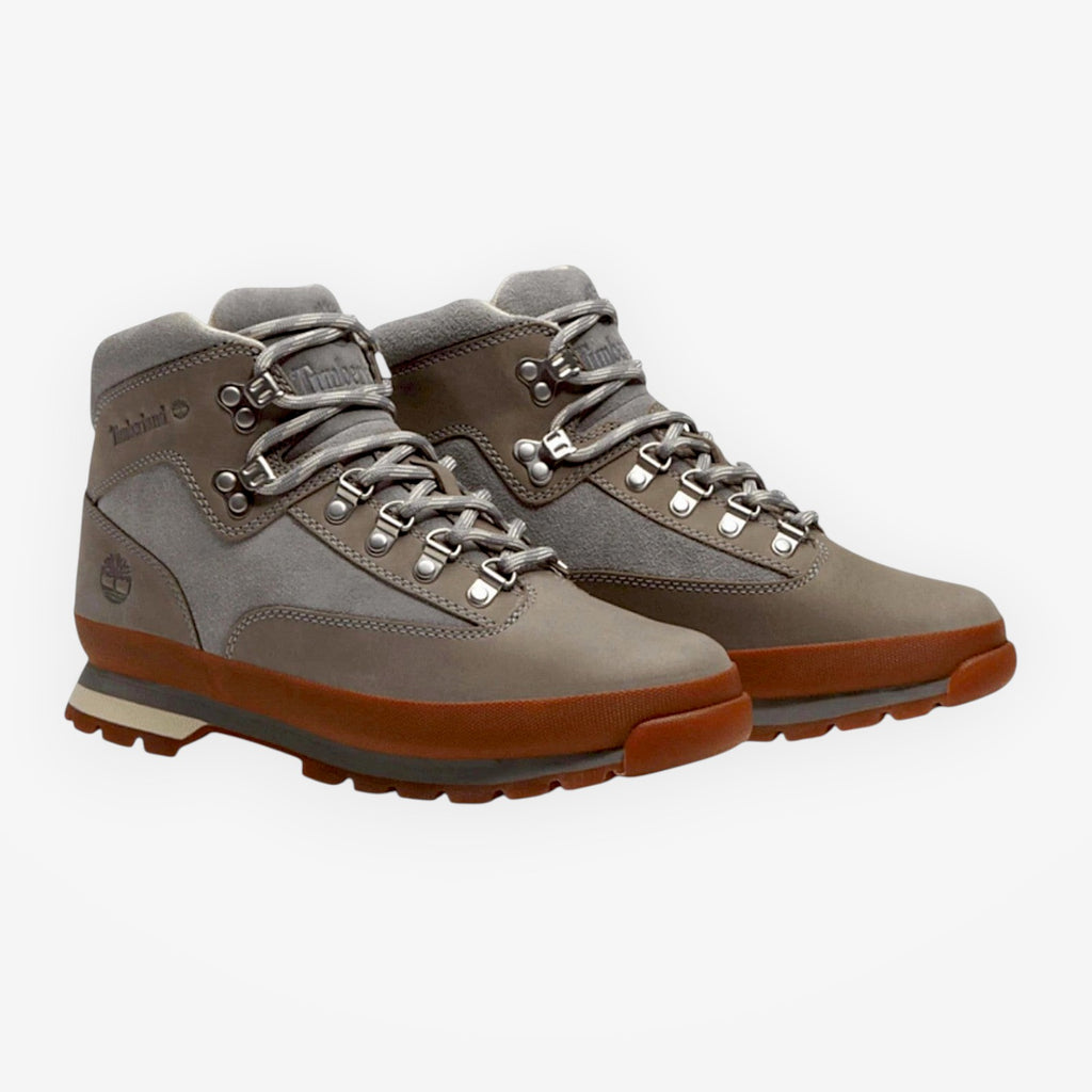 METRO Timberland Euro Hiker boots in medium grey suede and leather with a durable brown rubber sole