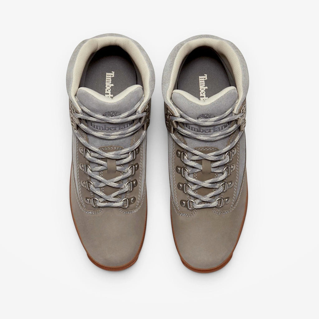 METRO Timberland Euro Hiker boots in medium grey suede with metal eyelets and a durable gum rubber sole