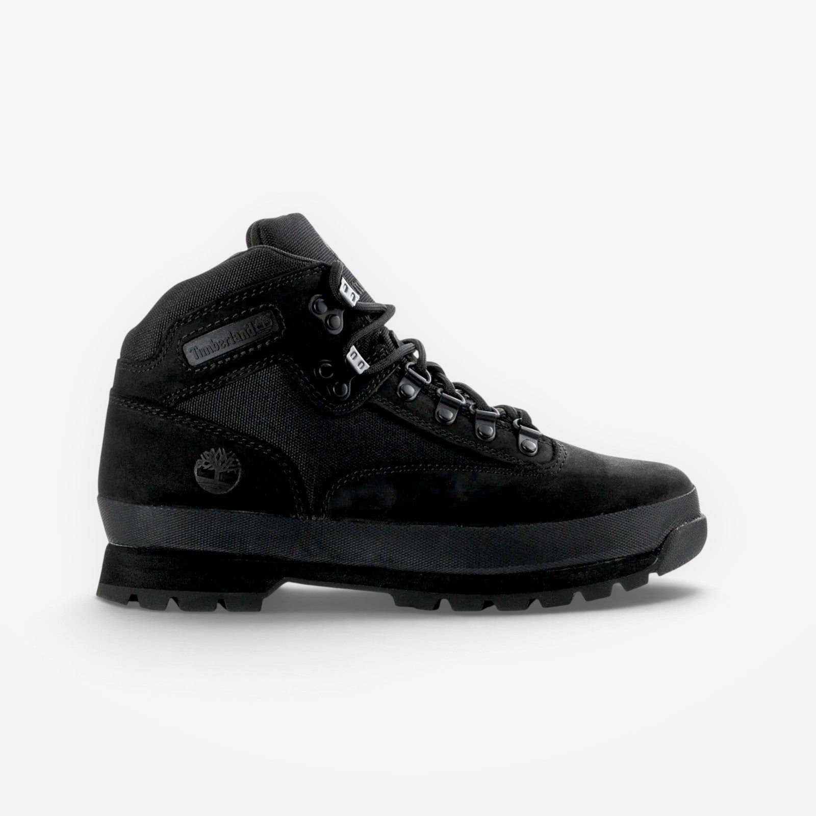 METRO Timberland Euro Hiker Mid boots in black featuring premium leather, durable rubber rand, and lugged outsole.