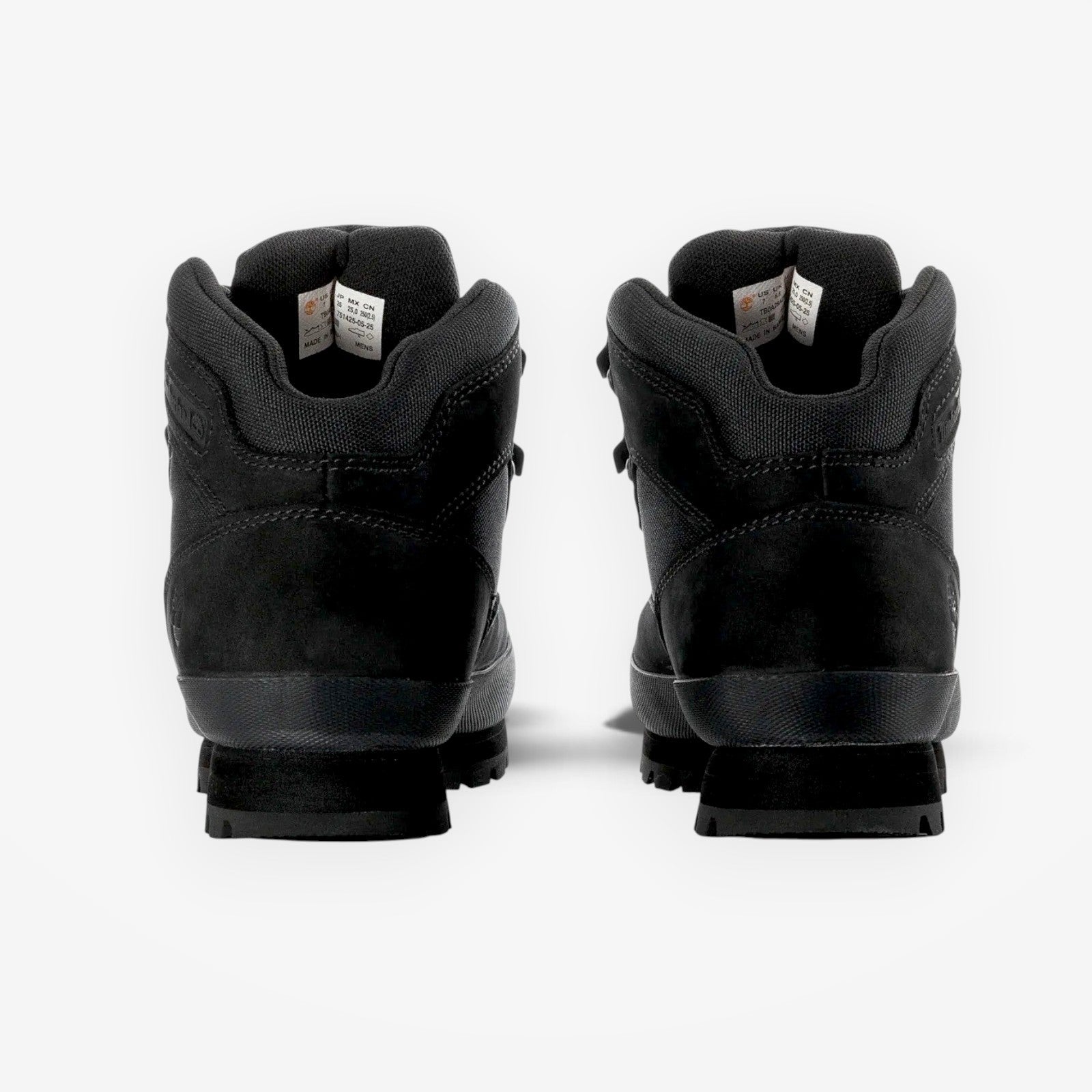 METRO Timberland Euro Hiker Mid boots in black, rear view showing the padded collar and durable rubber rand.