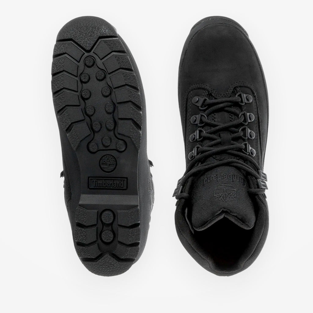 METRO Timberland Euro Hiker Mid black suede and ReBOTL fabric hiking boots with lug sole.