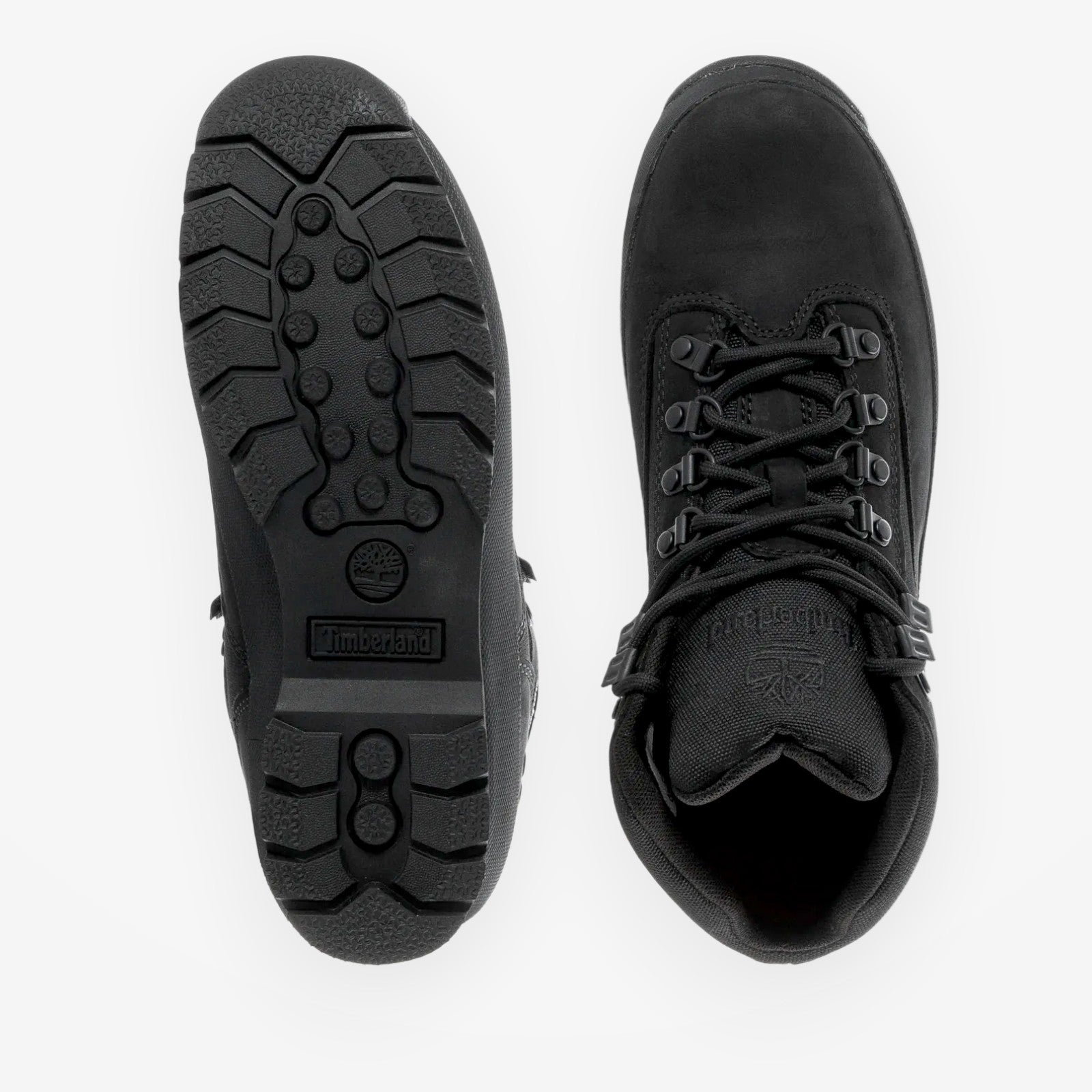 METRO Timberland Euro Hiker Mid black suede and ReBOTL fabric hiking boots with lug sole.