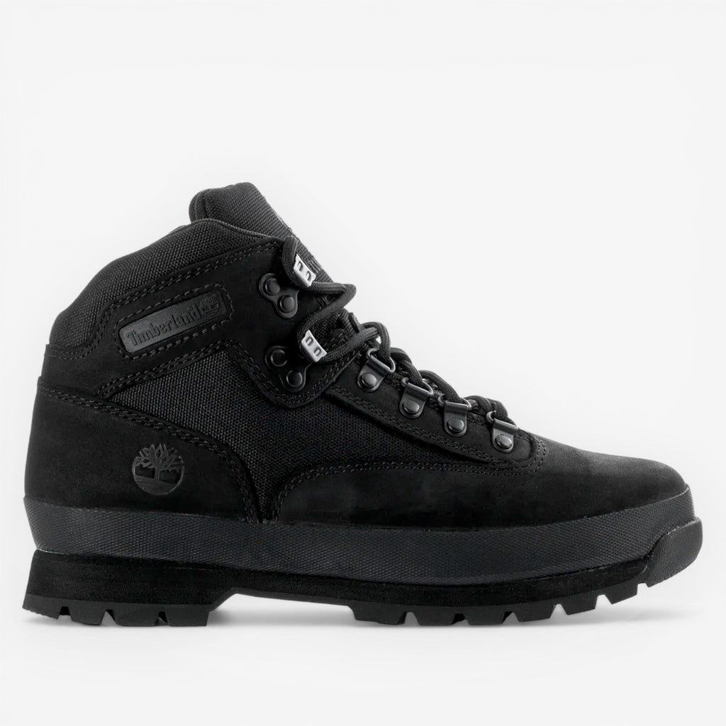 METRO Timberland Euro Hiker Mid black suede and ReBOTL fabric hiking boots with padded collar and lug sole.
