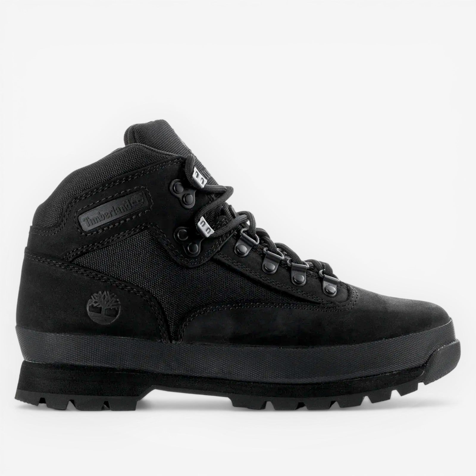 METRO Timberland Euro Hiker Mid black suede and ReBOTL fabric hiking boots with padded collar and lug sole.