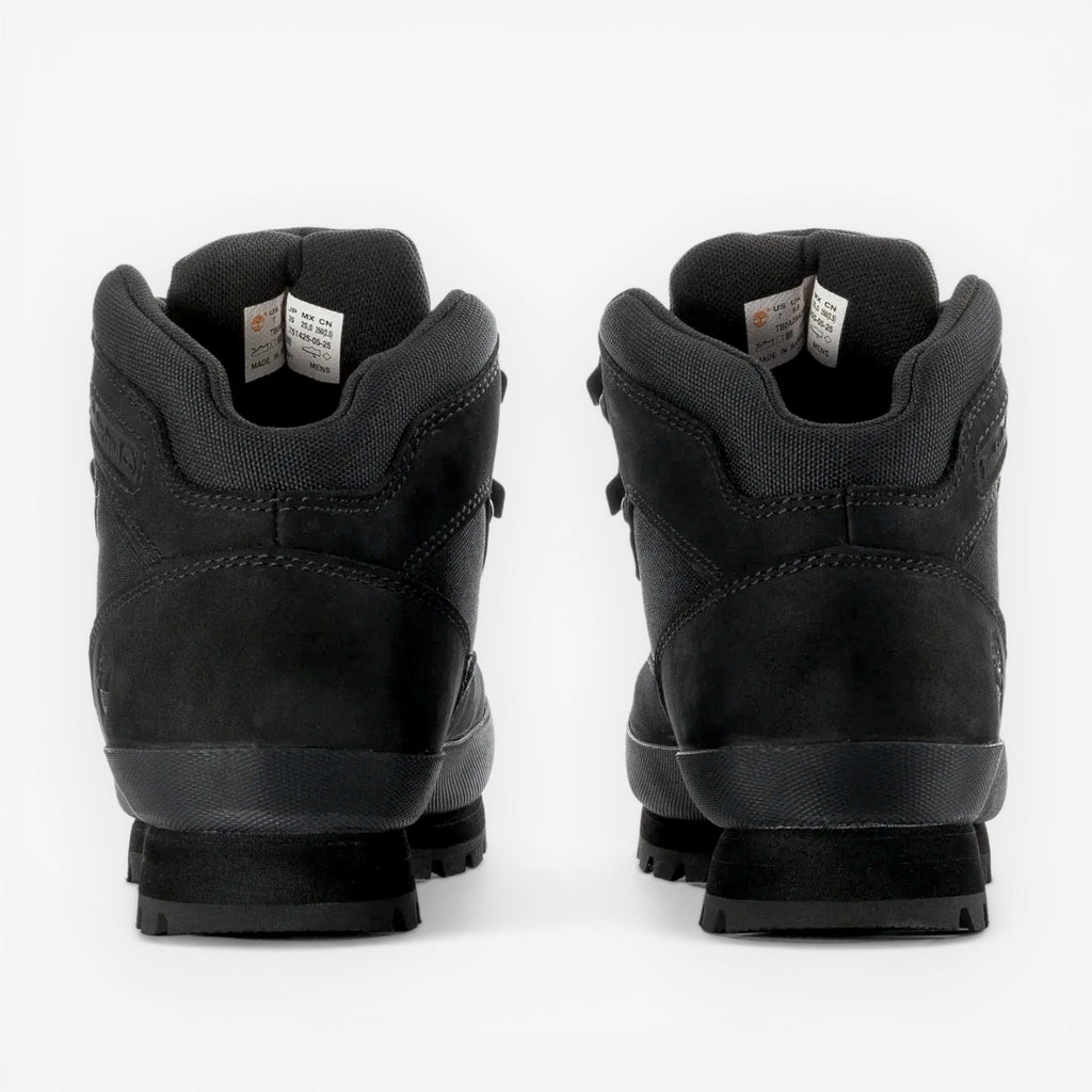 METRO Timberland Euro Hiker Mid black suede and ReBOTL fabric hiking boots with padded collar and lug sole.