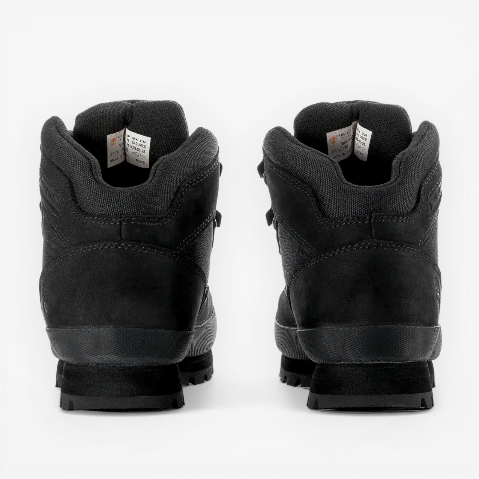 METRO Timberland Euro Hiker Mid black suede and ReBOTL fabric hiking boots with padded collar and lug sole.