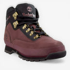 METRO Timberland Euro Hiker Mid burgundy leather hiking boots with black collar and gold eyelets.