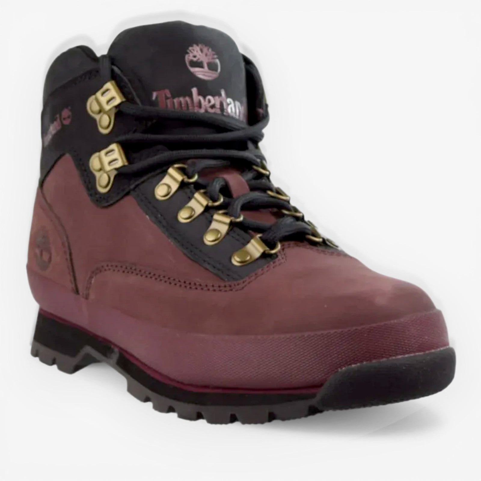 METRO Timberland Euro Hiker Mid burgundy leather hiking boots with black collar and gold eyelets.