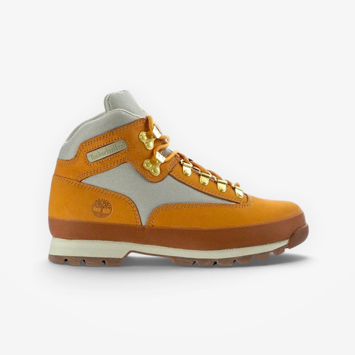METRO Timberland Euro Hiker Mid boots in wheat leather with grey fabric panels, gold hardware, and rubber lug sole.