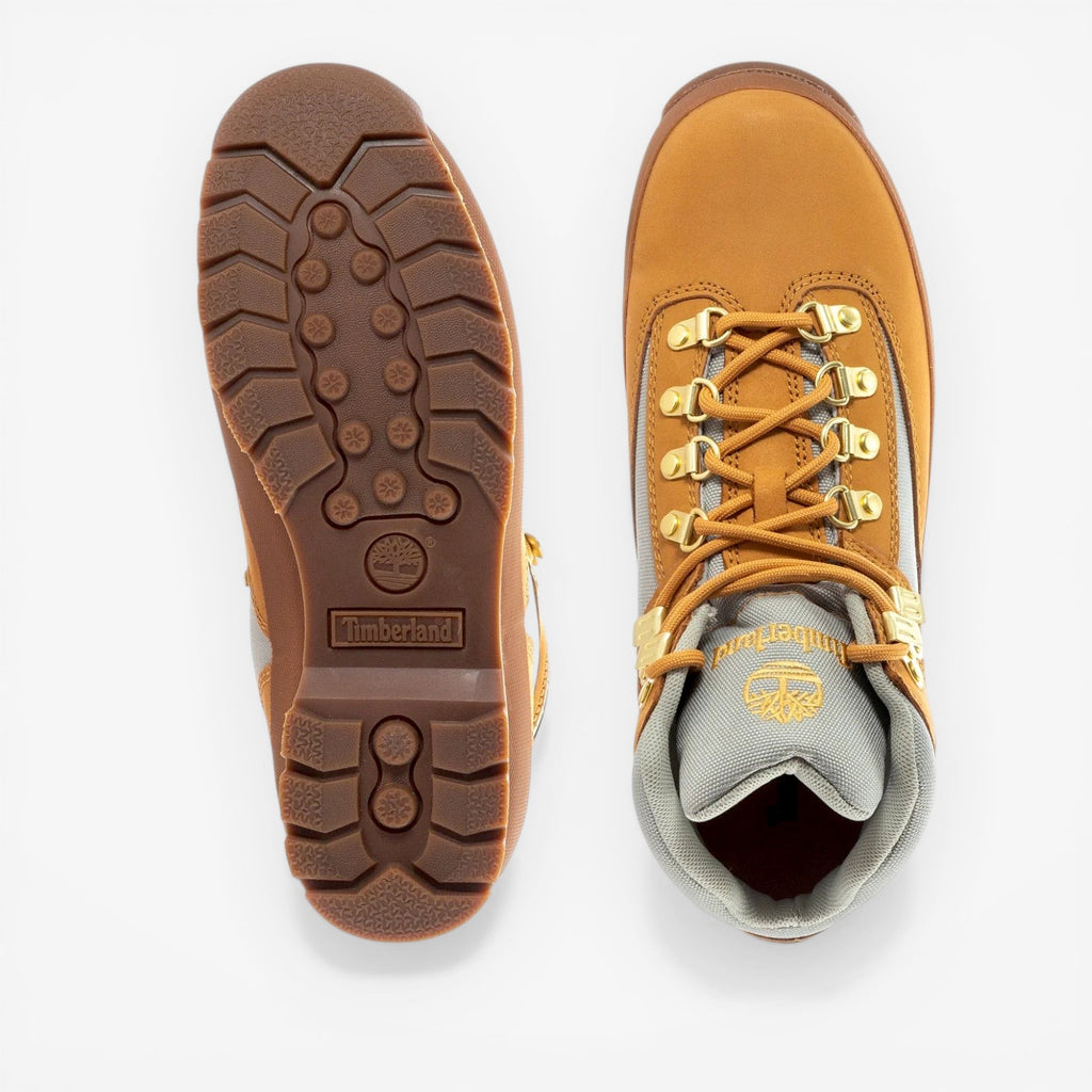 METRO Timberland Euro Hiker Mid wheat leather boots with padded collar, lace-up closure, and lug sole.