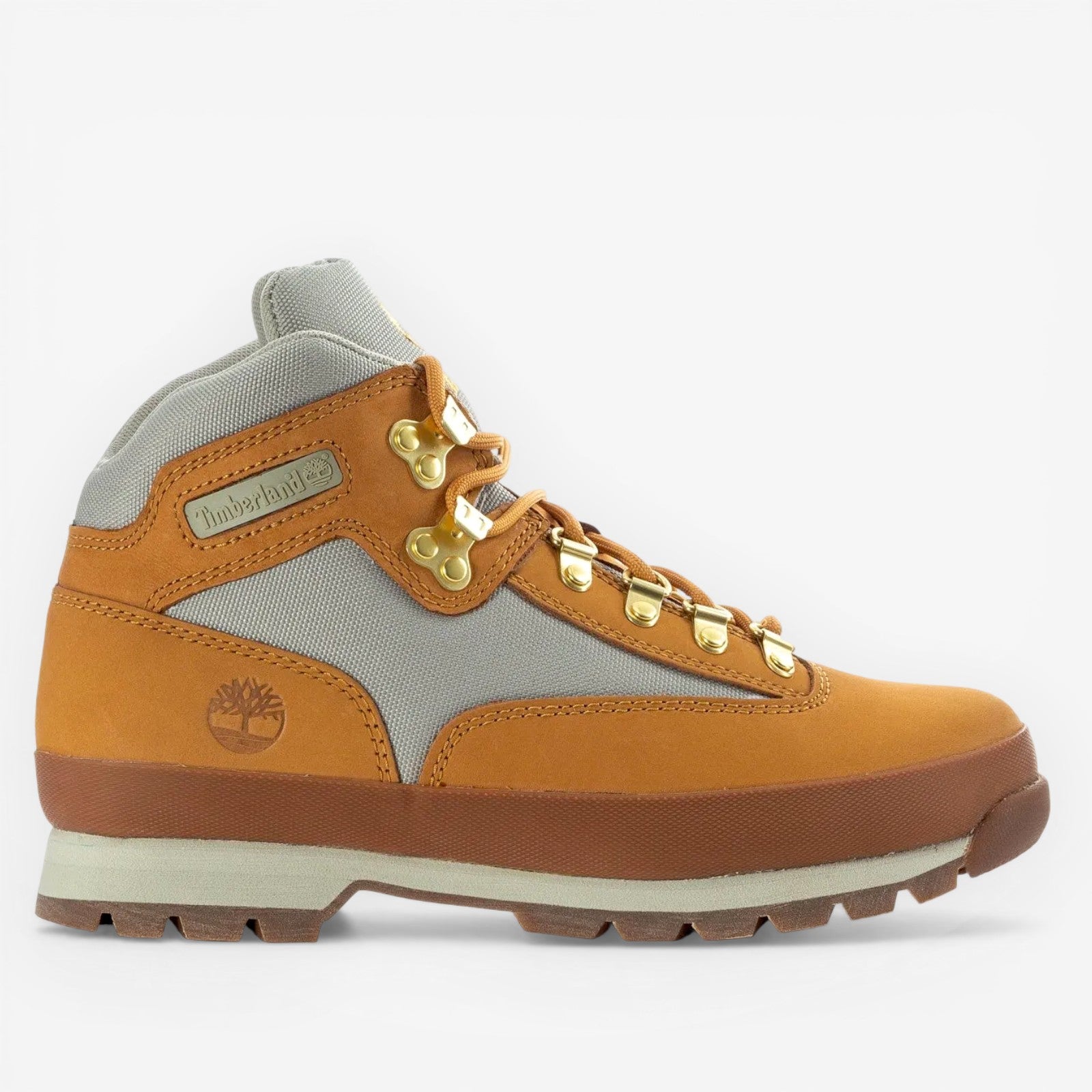 METRO Timberland Euro Hiker Mid wheat leather and grey textile hiking boots with lace-up closure and lug sole.