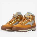 METRO Timberland Euro Hiker Mid wheat nubuck leather hiking boots with grey textile panels and gold eyelets.