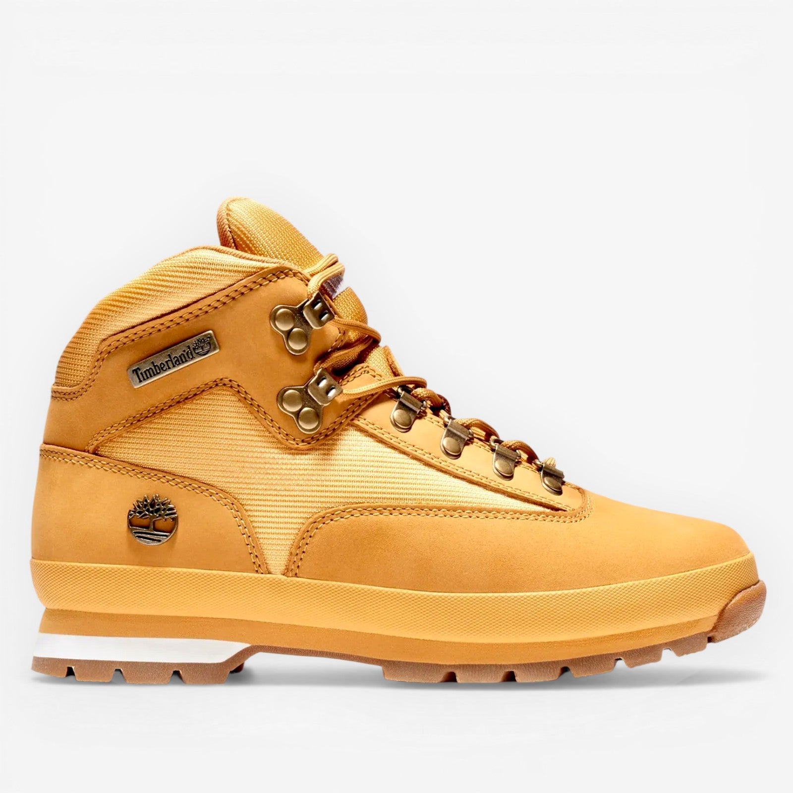 METRO Timberland Euro Hiker Mid wheat nubuck leather and CORDURA fabric hiking boots with lug sole.