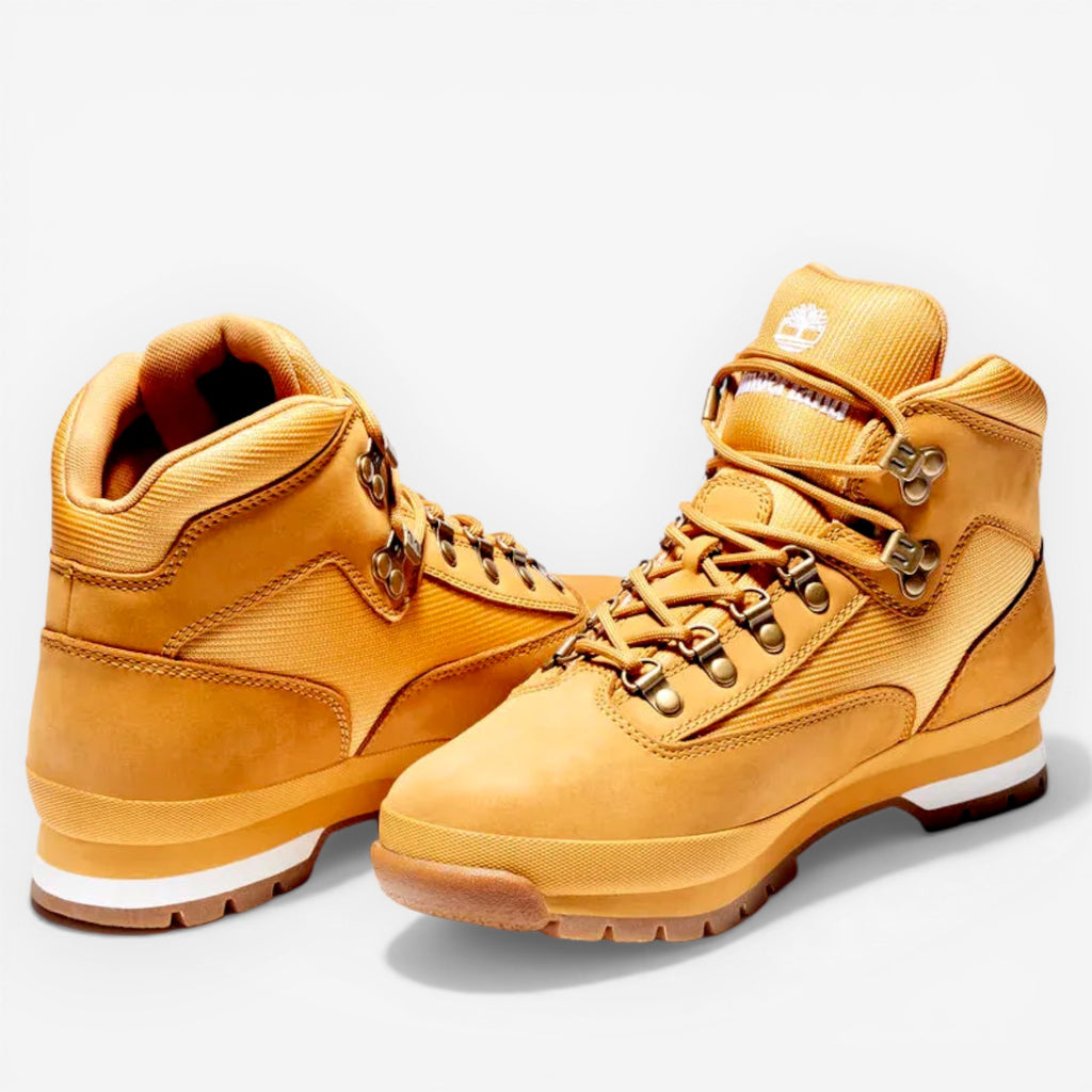 METRO Timberland Euro Hiker Mid wheat nubuck leather and CORDURA fabric hiking boots with padded collar and lug sole.