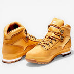 METRO Timberland Euro Hiker Mid wheat nubuck leather and CORDURA fabric hiking boots with padded collar and lug sole.