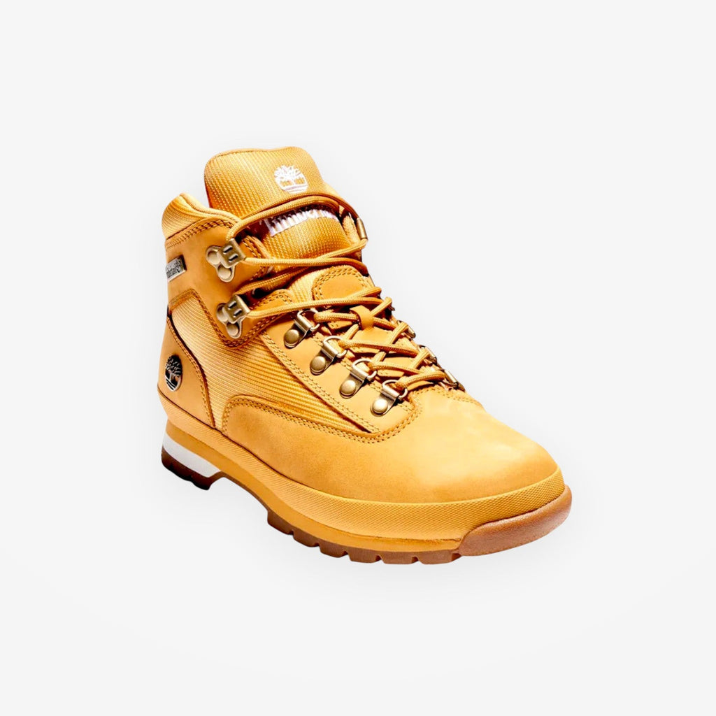 METRO Timberland Euro Hiker Mid boot in wheat nubuck leather and CORDURA fabric with a rugged rubber lug outsole.
