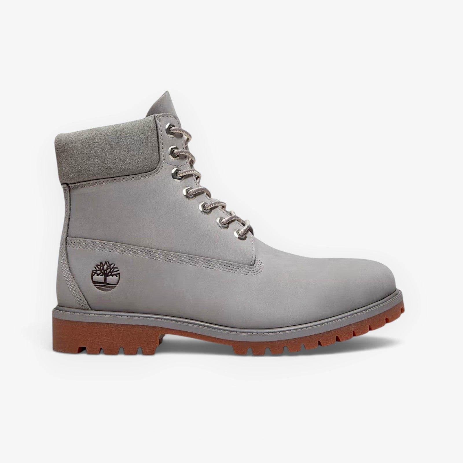 METRO Timberland Premium 6-inch waterproof boot in medium grey nubuck leather with a durable rubber lug sole.