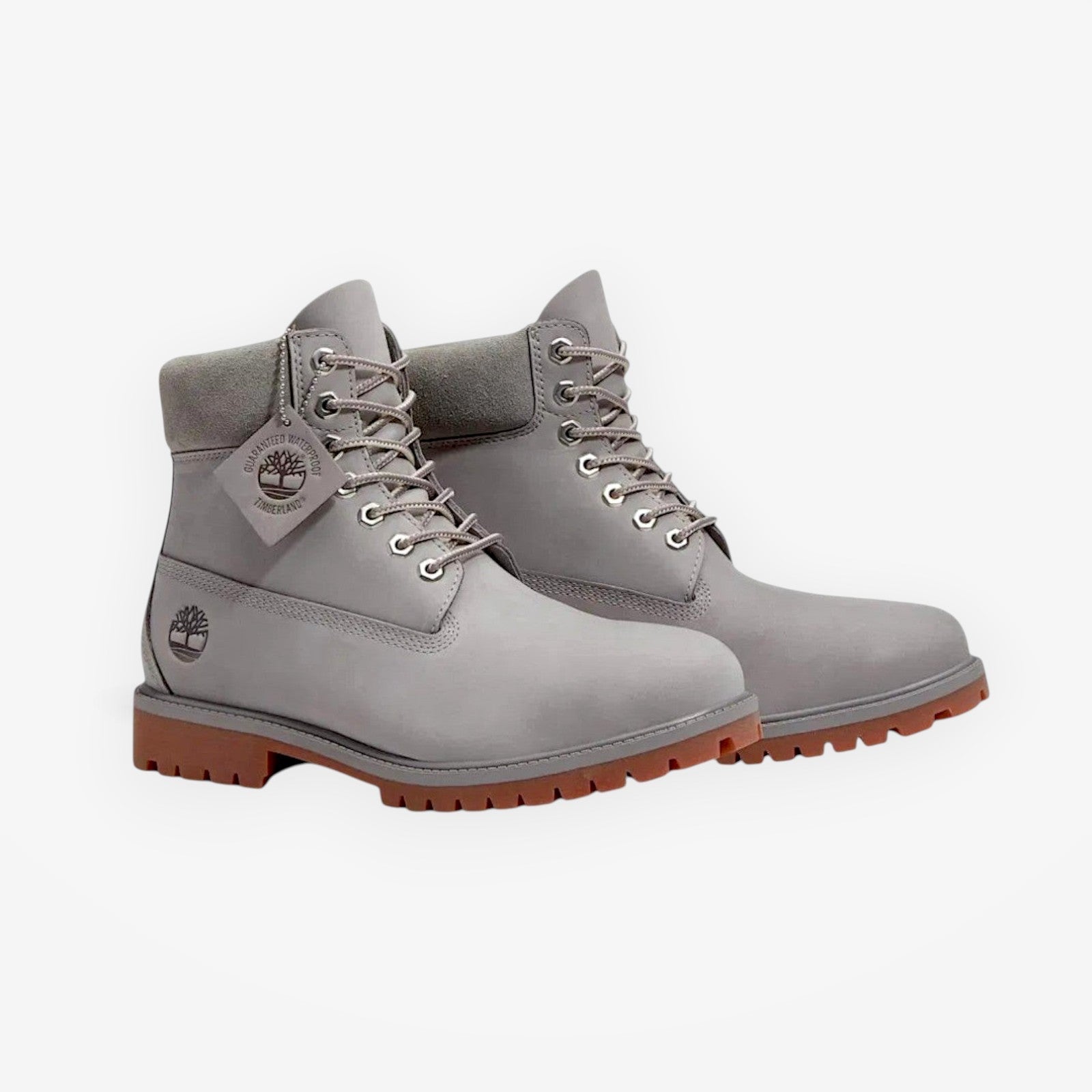 METRO Timberland Premium 6-inch waterproof boots in medium grey nubuck leather with a durable gum rubber lug sole.