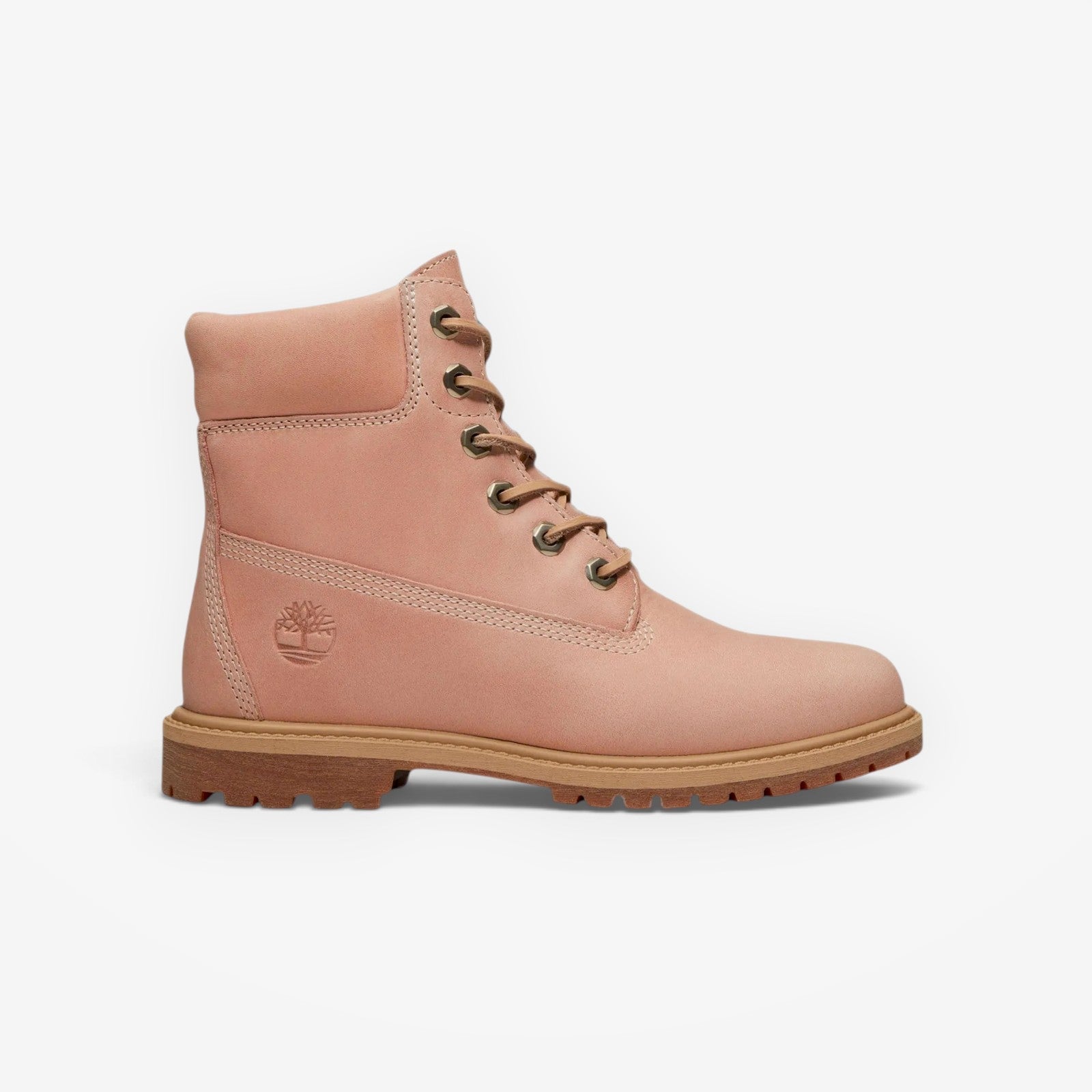 METRO Women’s Timberland Premium 6-Inch Boot in light pink nubuck leather with a rugged gum rubber sole.