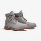METRO Timberland Premium 6-inch waterproof boots in mid grey nubuck leather with a rugged gum rubber lug sole.