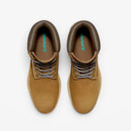METRO Timberland Premium 6-Inch waterproof boots in olive nubuck leather with dark brown padded collars, top view.