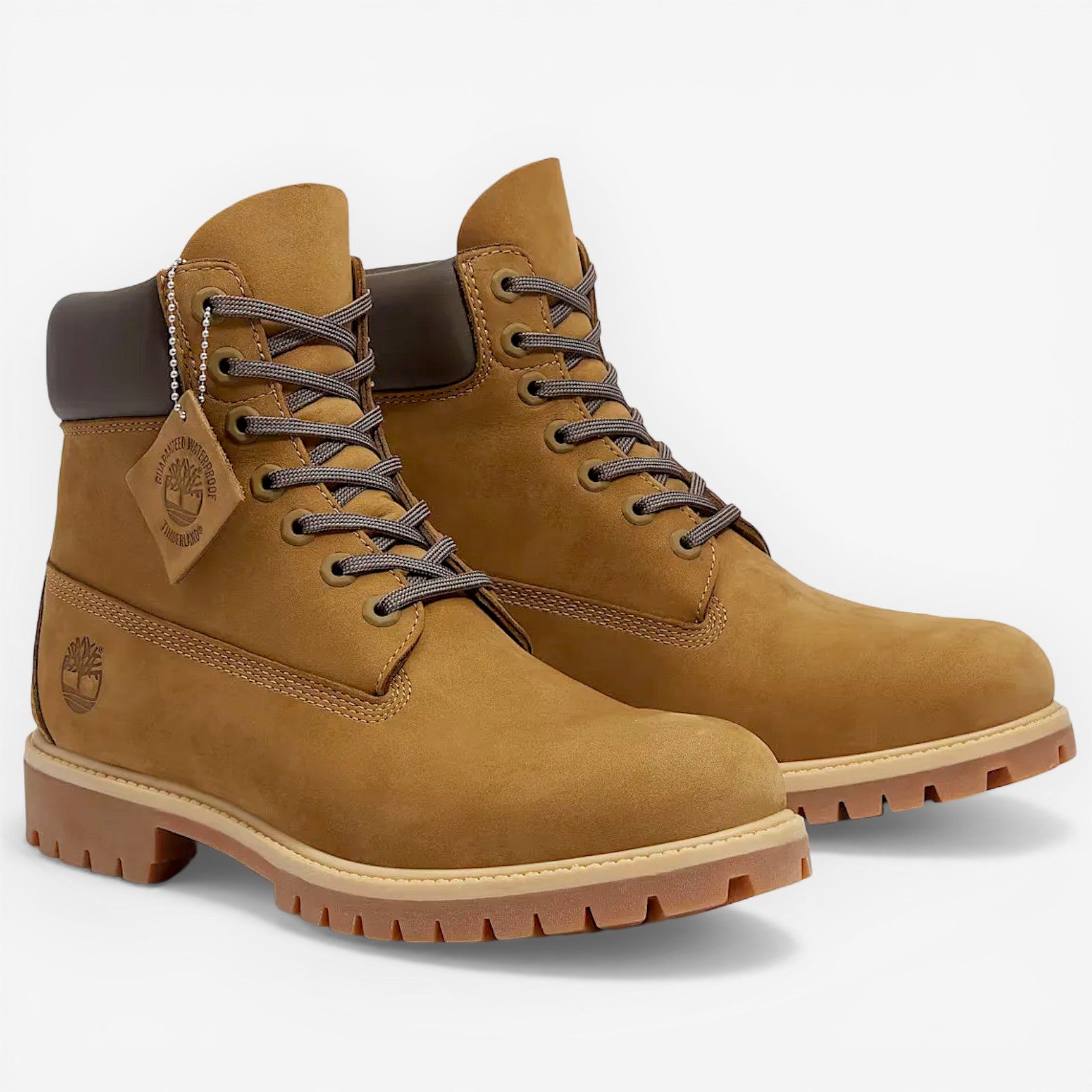 METRO Timberland Premium 6-Inch waterproof nubuck leather boots in tan with dark brown collar and grey laces.