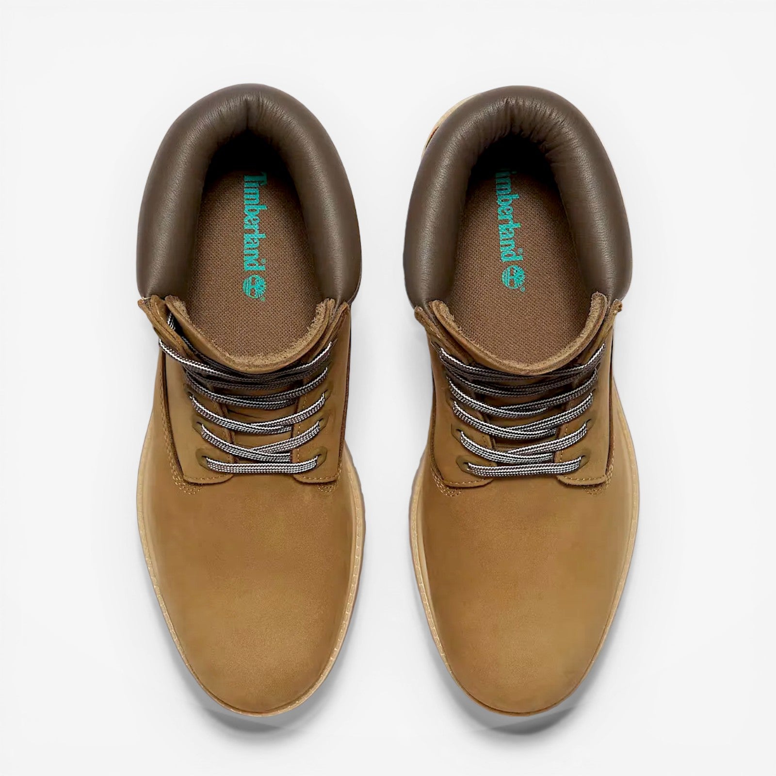 METRO Timberland Premium 6-Inch Waterproof Boot in olive nubuck and dark brown leather with padded collar and lug sole.