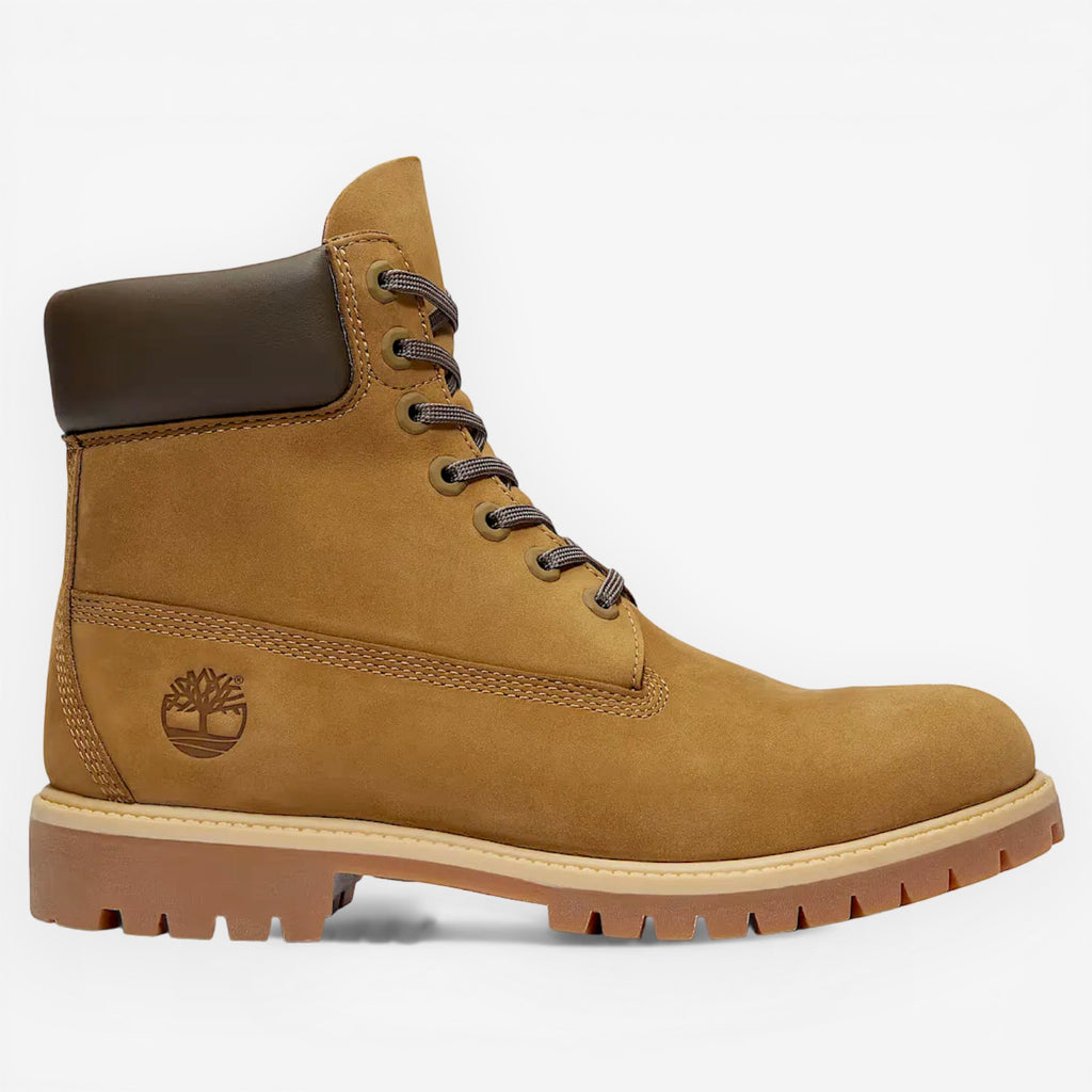 METRO Timberland Premium 6-Inch Waterproof Boot in olive nubuck and dark brown leather with lug sole.