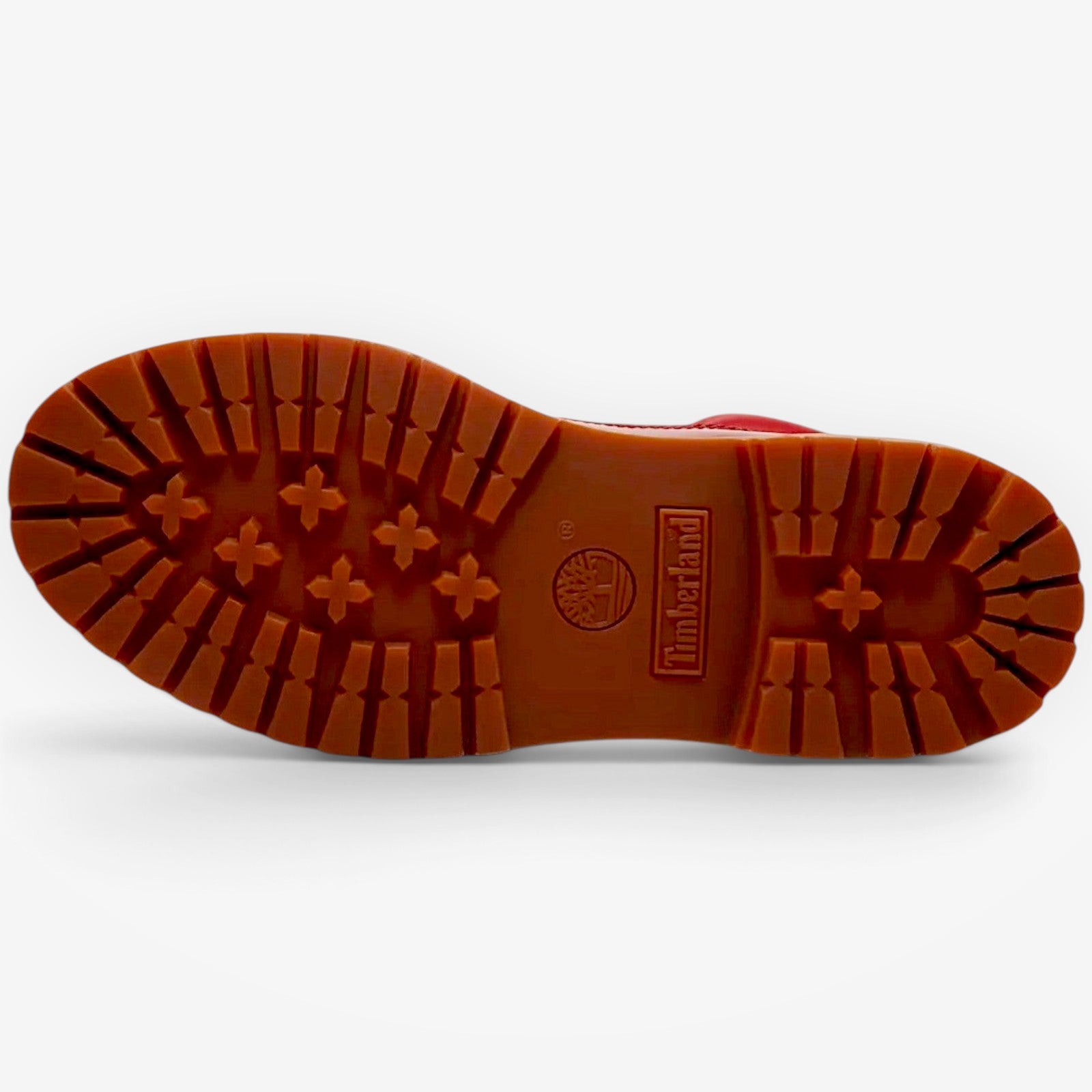 METRO Timberland red patent leather boot showing the durable rubber lug outsole with traction pattern