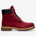 METRO Timberland 6-Inch Premium Waterproof Boots in dark red nubuck leather with black collar and lug sole.