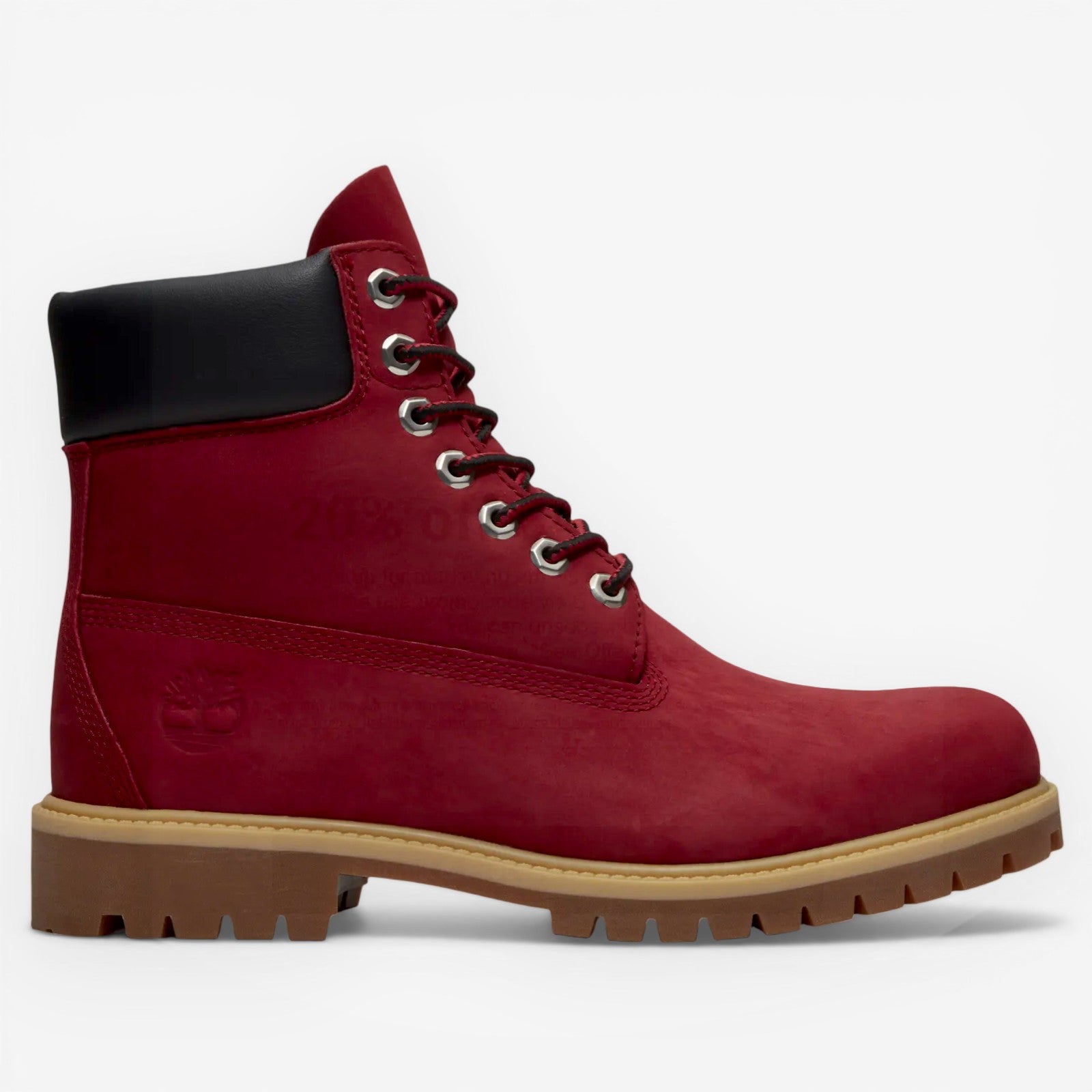 METRO Timberland 6-Inch Premium Waterproof Boots in dark red nubuck leather with black collar and lug sole.