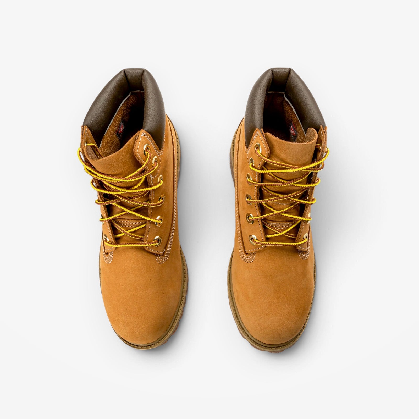METRO Timberland 6 Inch wheat nubuck leather boots for grade school with brown padded collars and yellow laces