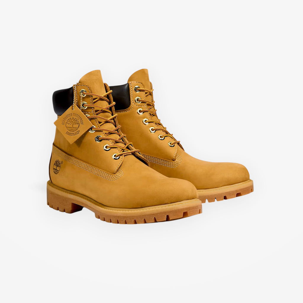 METRO Timberland Premium 6-Inch waterproof wheat leather boots with lace-up closure and rubber lug outsoles.