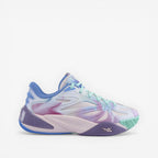 METRO Reebok Angel Reese 1 basketball shoes in atomic aqua, dream purple, and peri blue tie-dye mesh with synthetic overlays and rubber sole.