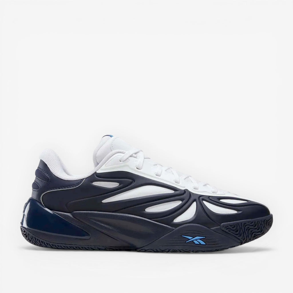 METRO Reebok Angel Reese 1 basketball shoes in navy, white, and peri blue with mesh upper and synthetic overlays.