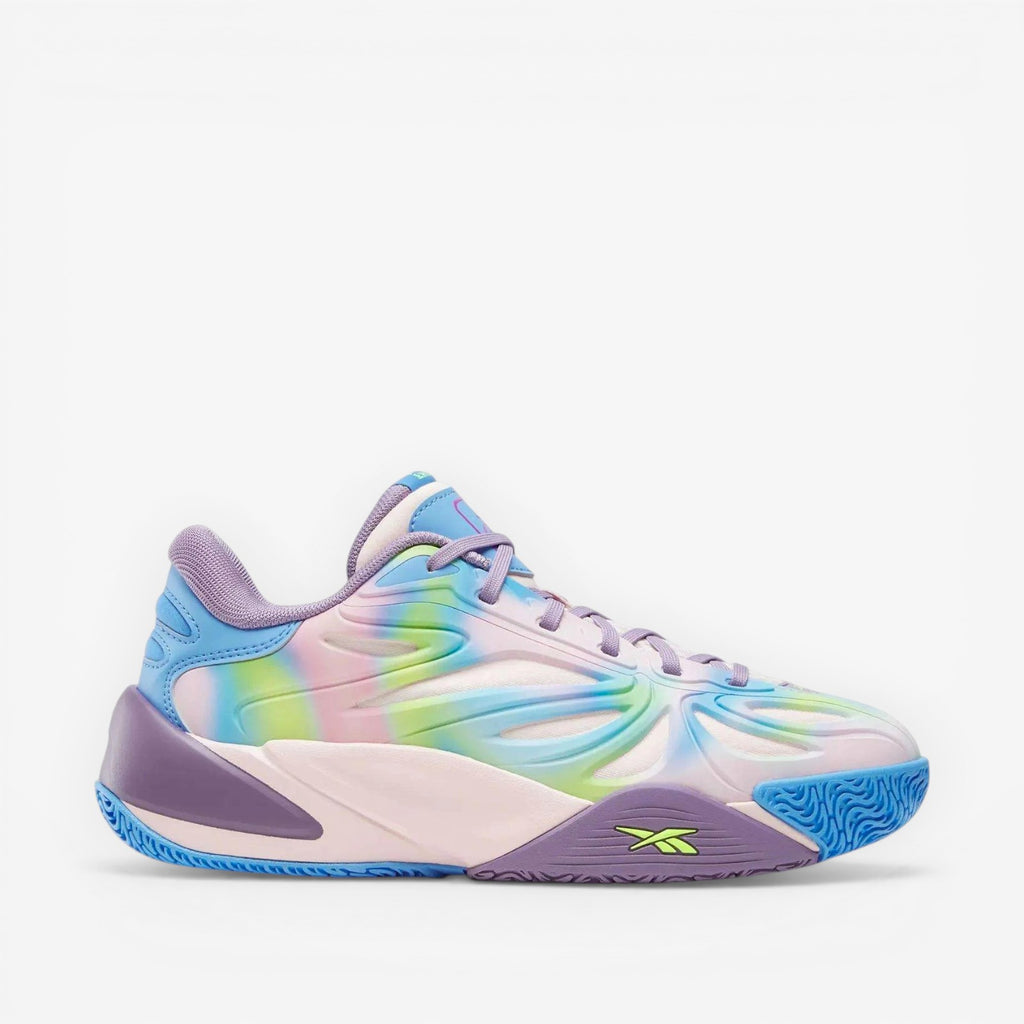 METRO Reebok Angel Reese 1 kids sneakers in atomic aqua, dream purple, and peri blue. Synthetic TPU upper with textile underlays and rubber outsole.