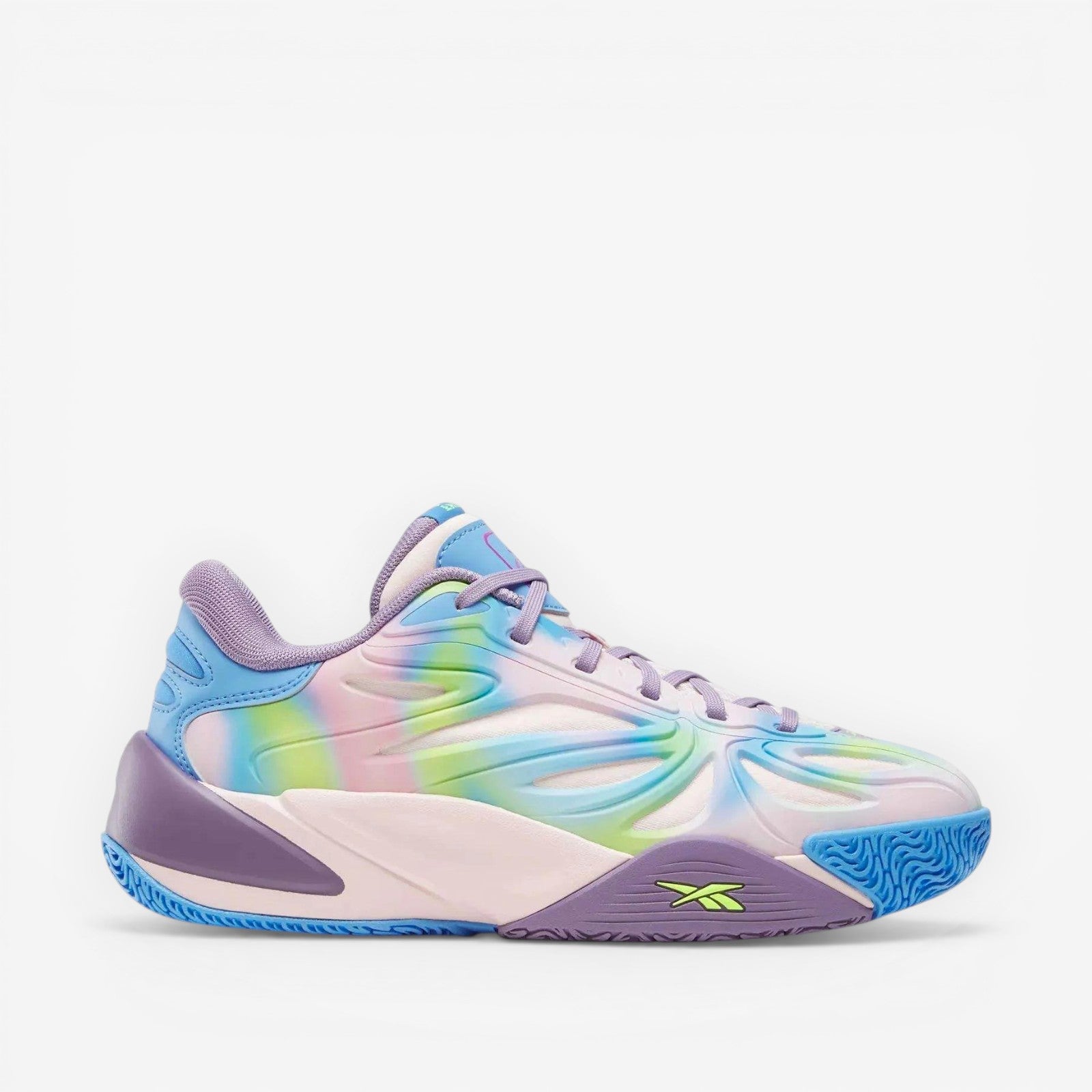 METRO Reebok Angel Reese 1 kids sneakers in atomic aqua, dream purple, and peri blue. Synthetic TPU upper with textile underlays and rubber outsole.