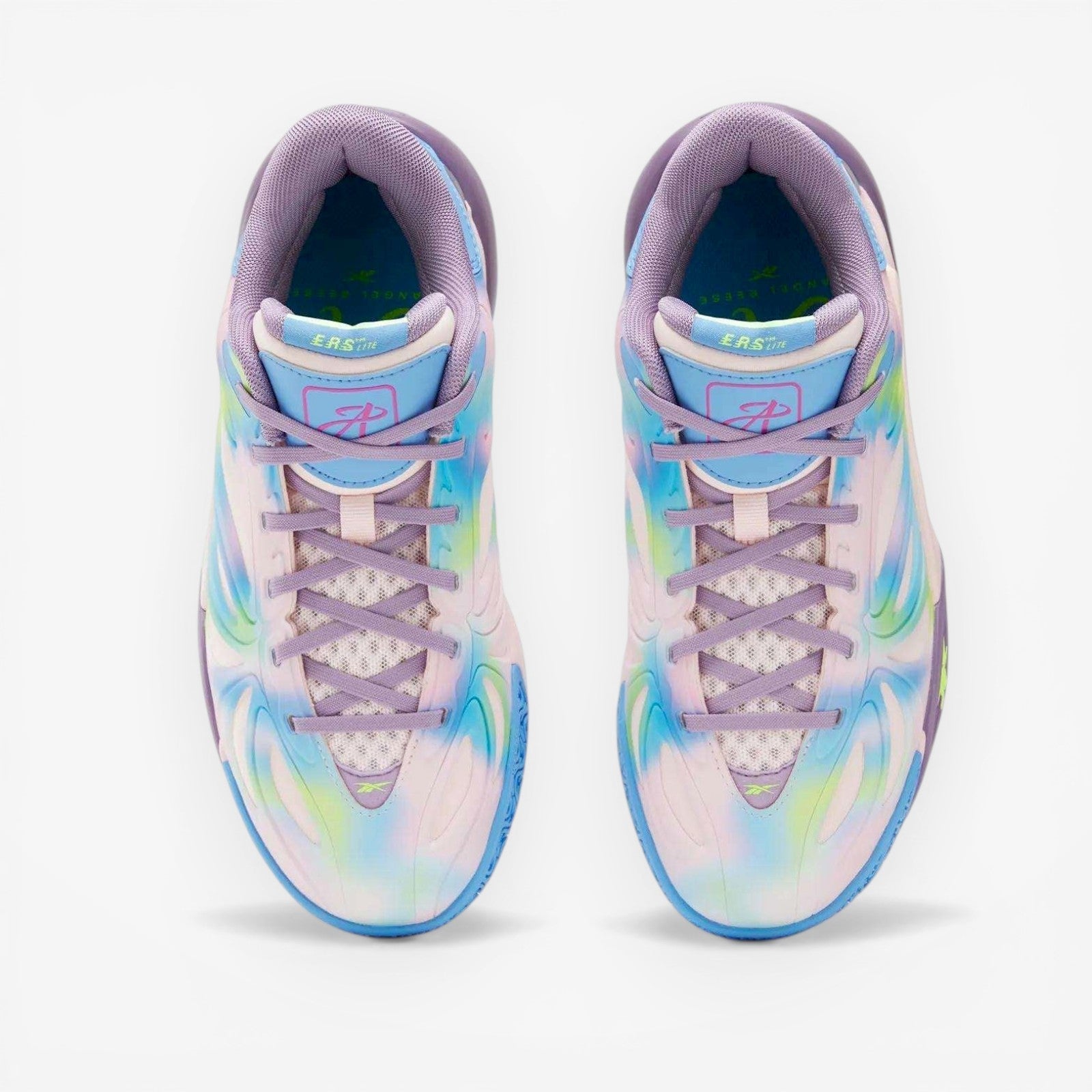 METRO Reebok Angel Reese 1 kids sneakers in atomic aqua, dream purple, and peri blue. Features a TPU exoskeleton upper and lace-up closure.