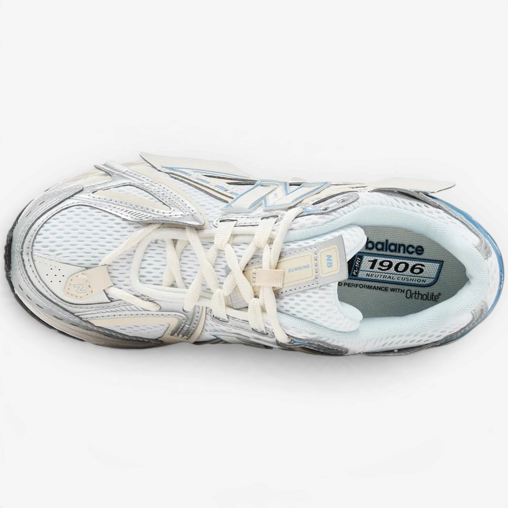 METRO New Balance 1906A sneaker in Sea Salt and Altitude Metallic with mesh upper and curved synthetic overlays