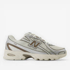 new balance sneaker, mesh and synthetic upper, cream and silver, athletic footwear