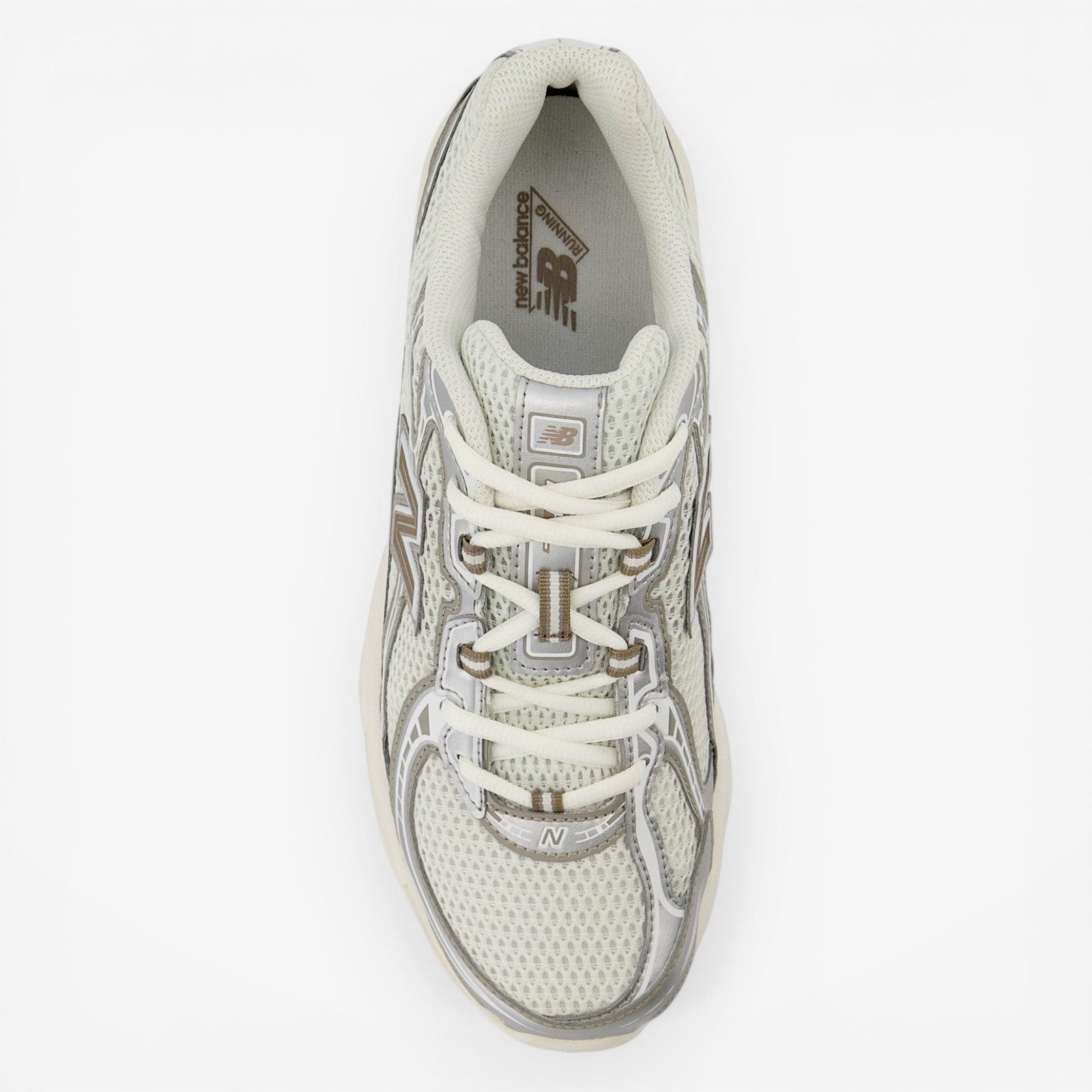 New Balance sneaker in white and grey, mesh upper, top view, classic athletic footwear